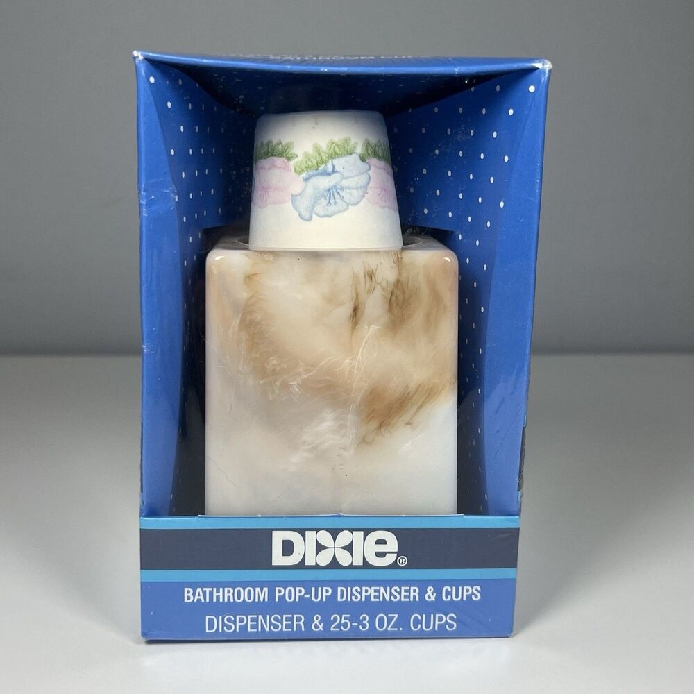 NEW Vintage DIXIE Bathroom Pop-Up Dispenser Marbled w/ 25 - 3oz Cups Floral 1987